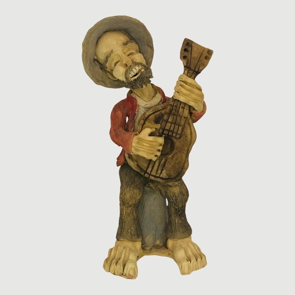Rare Vintage Handmade Man Playing Guitar Ceramics Sculpture w/ Excellent Details